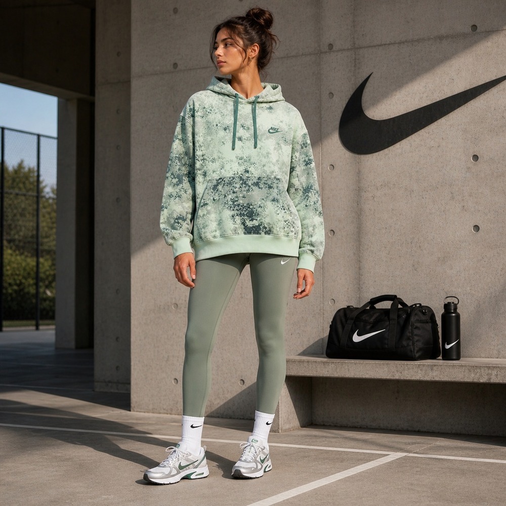 NIKE Women's Hoodie‎ Pullover LARGE Green Tie Dye Logo Sweatshirt DZ3065-386
